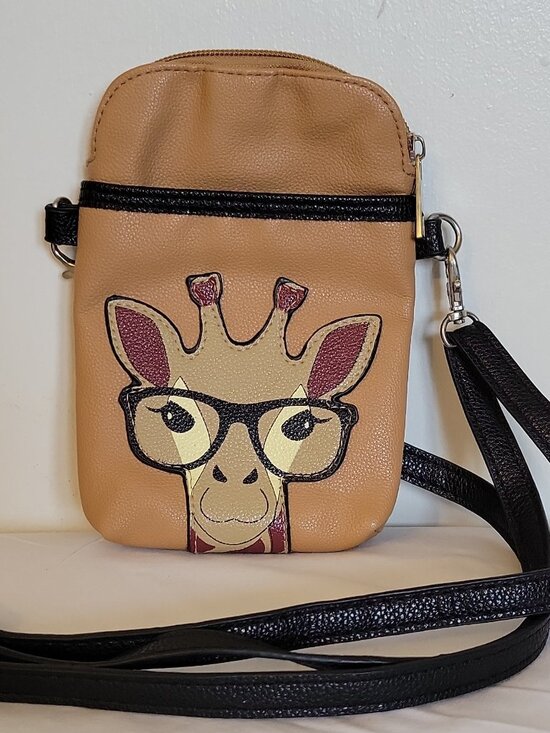 Handbags - Tan crossbody bag, giraffe applique, detachable strap, silver hardware fannypack